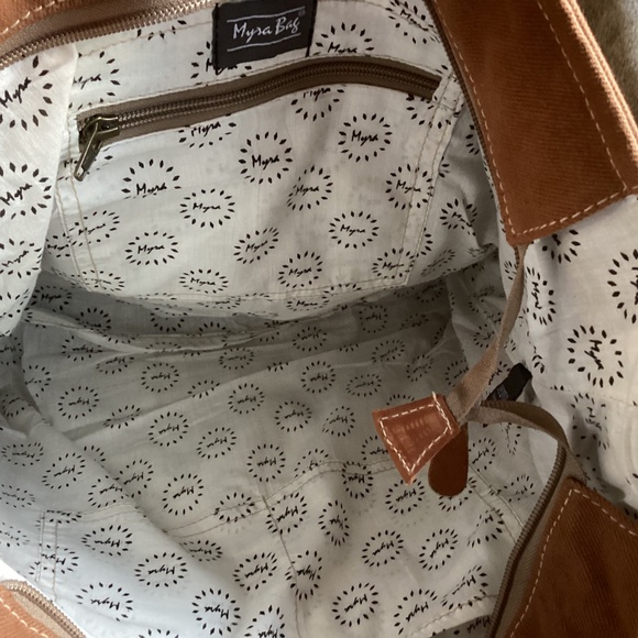 Myra Bag Big Hair Hide Tooled Leather Canvas Tote Handbag - Picture 7 of 11